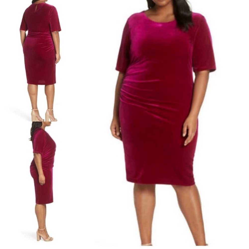 Vince‎ Camuto Women's Velvet Sheath Ruched Midi Dress in Rich Dark Pink Size 14